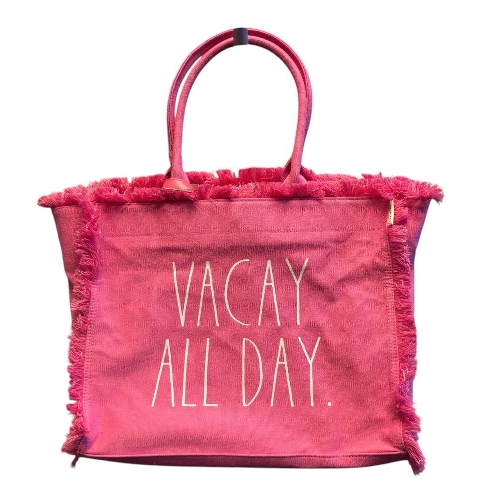Rae Dunn Bright Pink “Vacay All Day” Fringe Shopper Tote Bag 3-Piece Set New